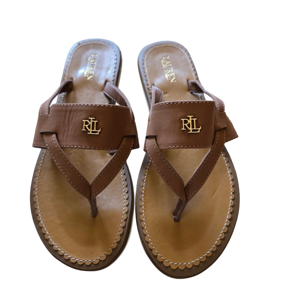 Lauren Ralph Lauren Sandals Womens 8 Brown New RLL Logo Thong Flip Flops